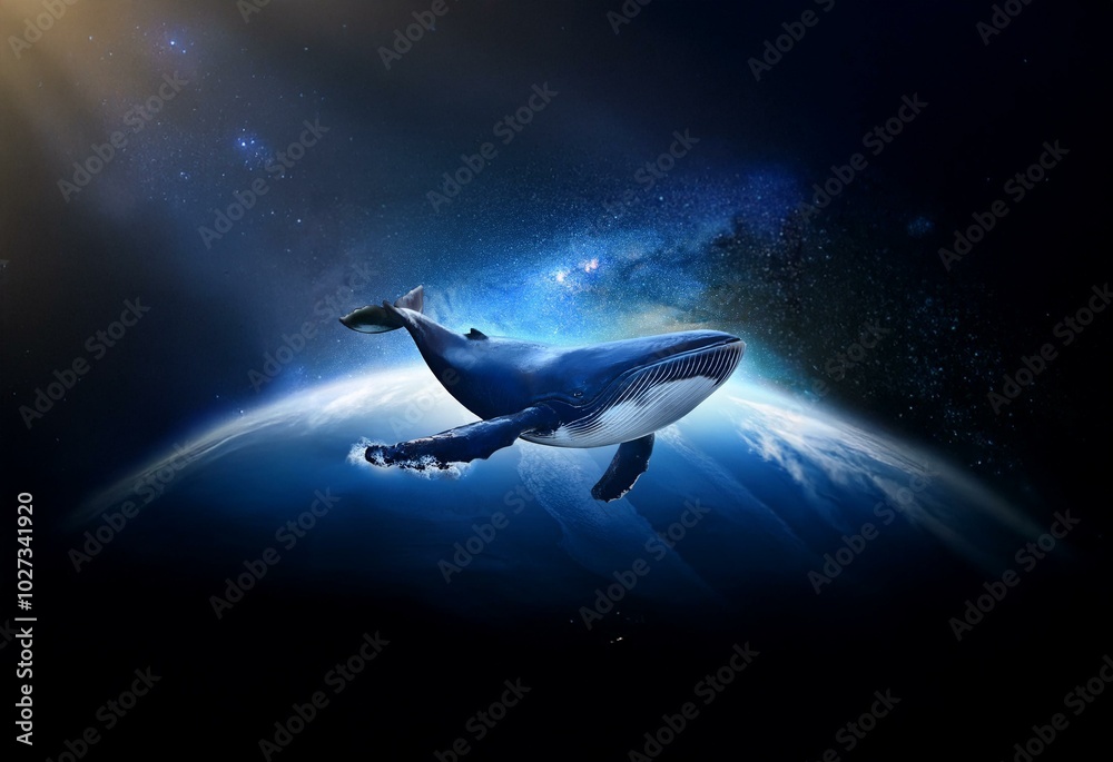 Poster a whale soars above a distant planet with stars scattered across the dark sky.