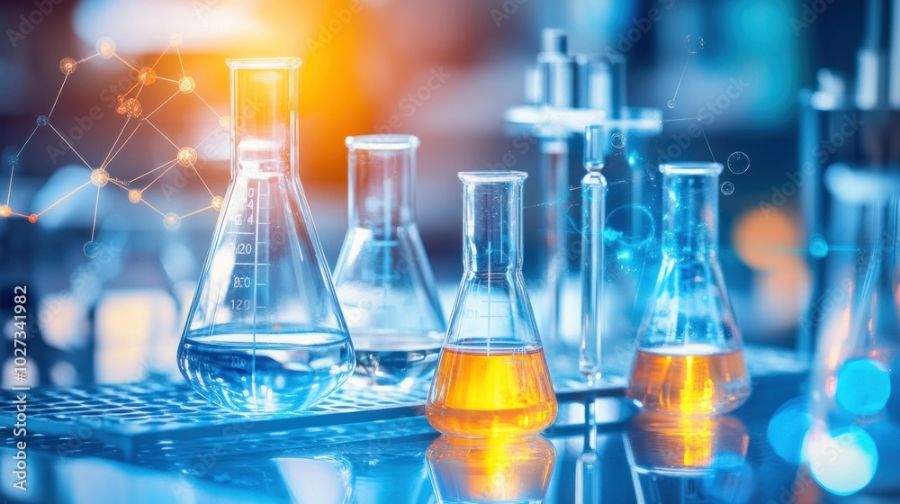 Poster laboratory glassware with colorful liquids and network design