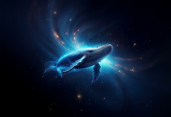 Fototapeta premium A blue whale swims through a starry sky, glowing with an ethereal light.