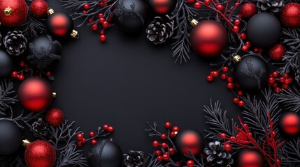 Greeting card with Merry Christmas and Happy Holidays theme. New Year. Noel. Top view of black and red Christmas ornaments on black background. Winter holiday theme.