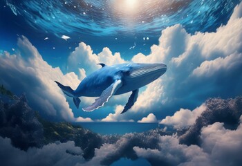 Fototapeta premium A blue whale swims through a sky filled with white puffy clouds.
