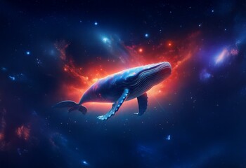 Fototapeta premium A whale swims through space with a nebula behind it.