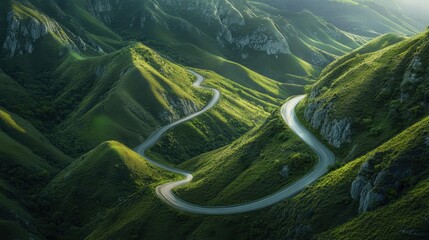 Obraz premium Mountains with winding roads through grassy hills, carved out of the landscape