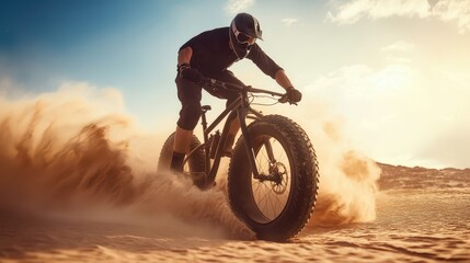 Obraz premium Dynamic shot of a cyclist on a fat bike speeding through a sandy terrain, capturing the thrill of adventure.