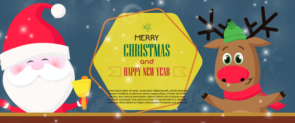 Merry Christmas and Happy New Year text with Santa ringing bell and cute deer in hat and scarf outstretching arms. Lettering with realistic elements can be used for invitations, signs, announcements