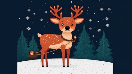 Naklejka premium Cute Reindeer Pulling Sleigh In Winter Wonderland