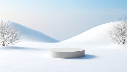 Round podium with an empty display setup, designed for showcasing cosmetic products. Set against a minimal winter snow background for fashion advertisements. Made with Generative AI Technology