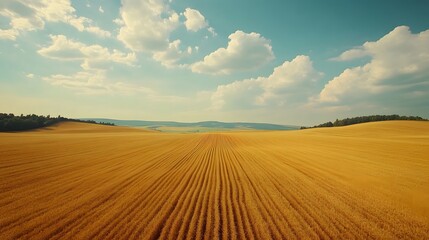 Fototapeta premium Aerial view of vast golden wheat fields arranged in a patchwork pattern, with rolling hills and fluffy clouds under a blue sky, capturing the beauty of a rural landscape.