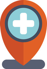 Orange location pin is showing a white cross symbol, indicating a medical facility or service