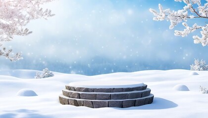 Snow-covered stone platform in a serene winter landscape, perfect for winter product presentations. Made with Generative AI Technology