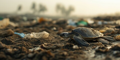 A turtle finds its way through a heavily polluted beach, symbolizing the struggle for marine life amidst the growing danger of plastic pollution and urgent ecological crises.