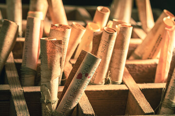 Scribe library full of magic scrolls as mystical background