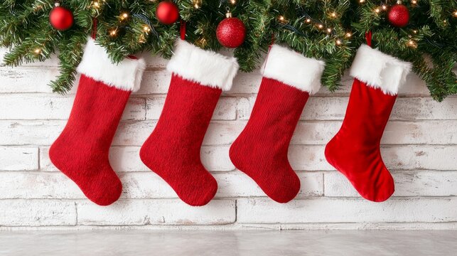 Christmas Stockings Hanging on White Brick Wall