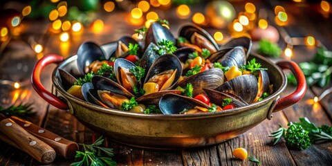 Fototapeta premium Savor a luscious Zeeland mussels casserole, perfectly captured with a soft bokeh backdrop, enhancing the dish’s vibrant colors and inviting textures for culinary photography.