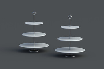 Two tiered dessert racks on black background. Empty tray for cakes, cupcakes, cookies. Bakery accessories. 3d render