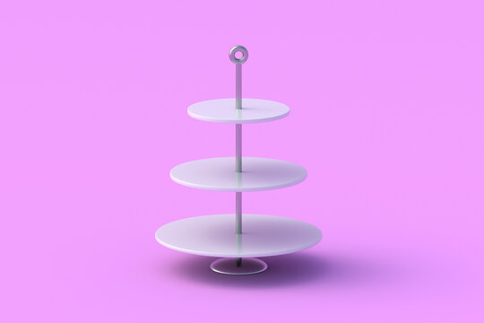 Three tiered dessert stand on pink background. Empty tray for cakes, cupcakes, cookies. Bakery accessories. 3d render