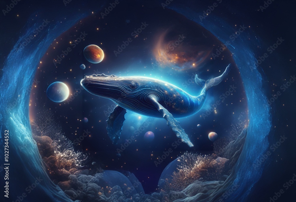 Aufkleber a whale swims through a starry sky with planets scattered across the cosmic background, seemingly co