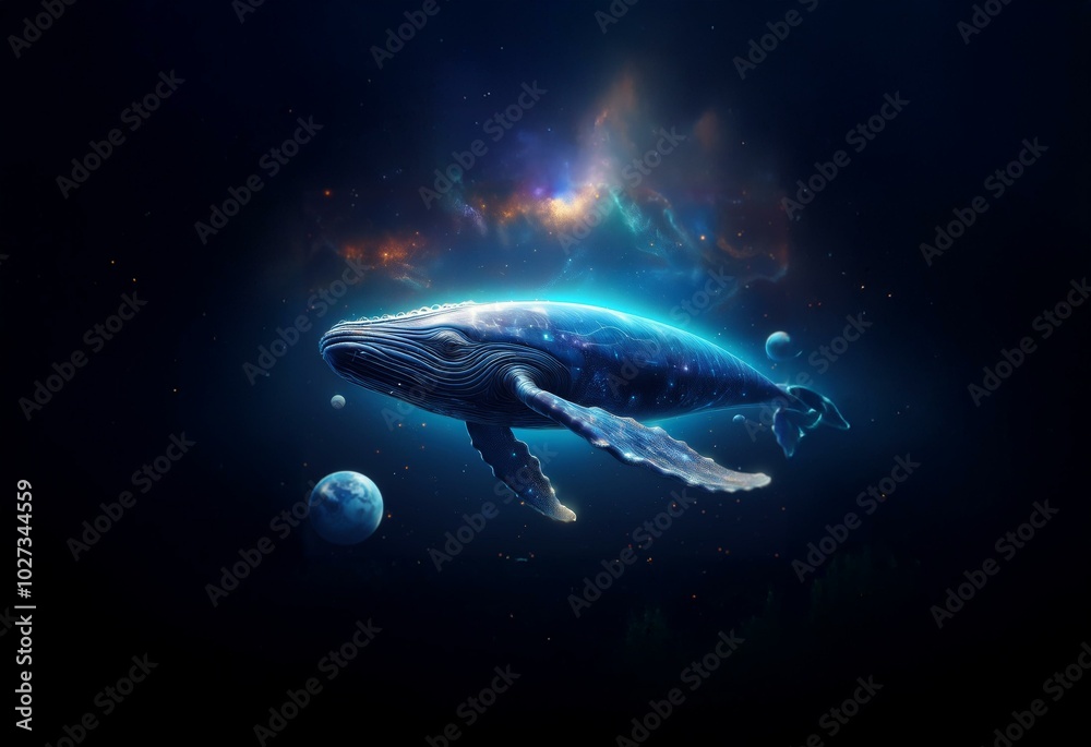 Poster A whale with a constellation pattern swims through space with planets in the background.