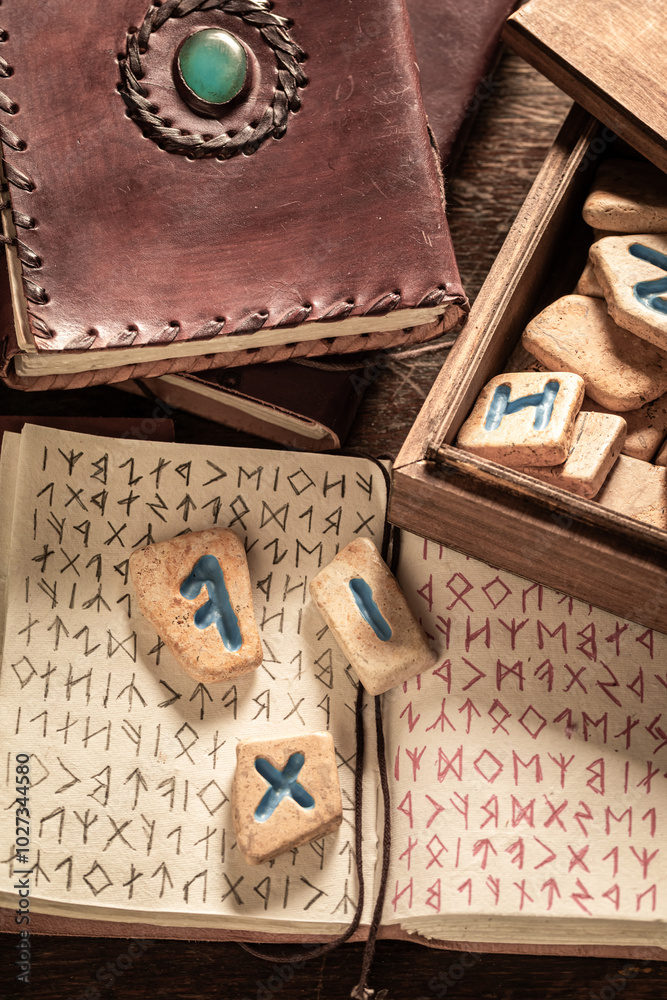 Poster runestones and ancient scrolls with futhark language as mystical background