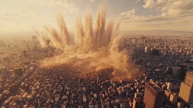 Apocalyptic Explosion Engulfing Cityscape in Dramatic Sunset