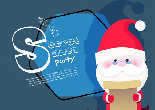 Secret Santa party banner design with concentrated Santa Claus in glasses reading scroll. Lettering with realistic elements can be used for invitations, signs, announcements