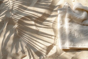 A white towel is laying on the sand next to a leaf, generative ai image