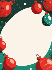 Fototapeta premium Green Christmas banner with scattered red baubles around a large oval centre, ideal for holiday-themed designs.