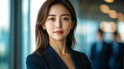 Obraz premium Confident Professional Asian Woman in Modern Business Attire Standing in Office Hallway