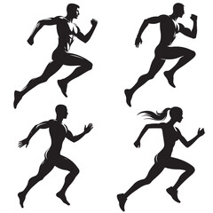 Running human figure silhouette vector art illustration set black color white background