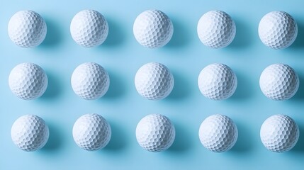 Neatly arranged golf balls in a light blue background, showcasing a symmetrical layout of white dimpled spheres in a clean and simple sports equipment composition.
