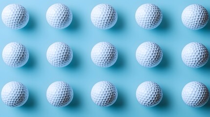 Neatly arranged golf balls in a light blue background, showcasing a symmetrical layout of white dimpled spheres in a clean and simple sports equipment composition.