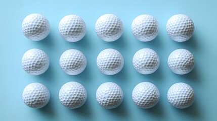 Neatly arranged golf balls in a light blue background, showcasing a symmetrical layout of white dimpled spheres in a clean and simple sports equipment composition.