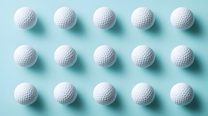 Neatly arranged golf balls in a light blue background, showcasing a symmetrical layout of white dimpled spheres in a clean and simple sports equipment composition.
