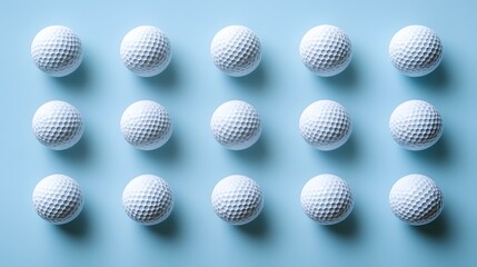 Neatly arranged golf balls in a light blue background, showcasing a symmetrical layout of white dimpled spheres in a clean and simple sports equipment composition.