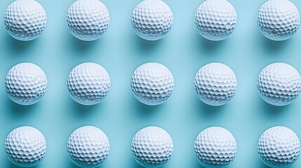 Neatly arranged golf balls in a light blue background, showcasing a symmetrical layout of white dimpled spheres in a clean and simple sports equipment composition.