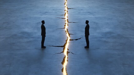 Two businessmen face each other across a glowing crack in the ground, AI