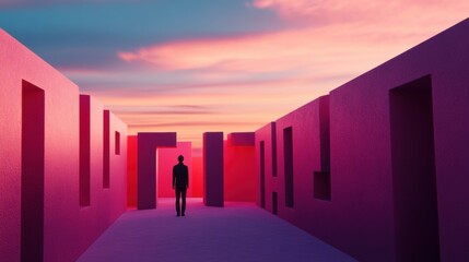 A lone figure walks through a surreal pink corridor at sunset, AI