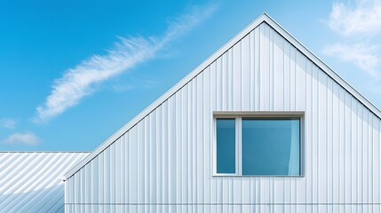Obraz premium Architectural photography of a modern house roof detail with white wall exterior and metal roofing, emphasizing crisp lines and geometric shapes under outdoor lighting.