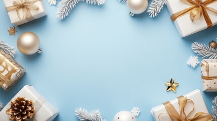 Holiday greeting card, frame, banner. Christmas white and gold ornaments and gifts on blue background. Winter xmas holiday theme. Flat lay.