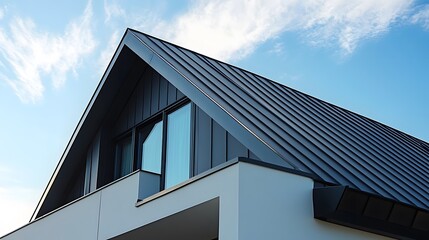 Architectural photography of a modern house roof detail with white wall exterior and metal roofing, emphasizing crisp lines and geometric shapes under outdoor lighting.