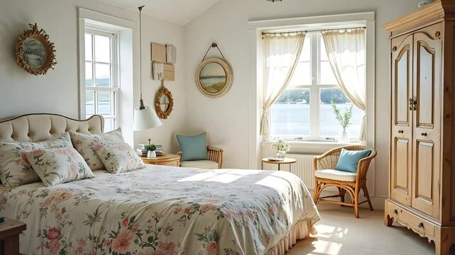 Charming Bedroom with Floral Bedspread, Large Window, and Antique Armoire