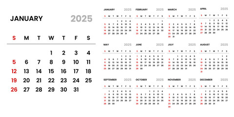 Calendar 2025 Set Simple Plan Layout. Planner diary in minimalist style. Corporate and business calendar. 2025 calendar in minimal style