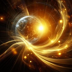 Fototapeta premium Abstract dark space background with planet, yellow light film and scattering particles.