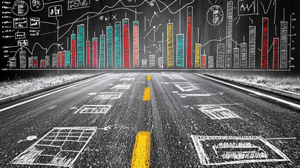 black and white image depicting a road with a yellow line leading to a wall with bar charts drawn in various colors representing progress and growth