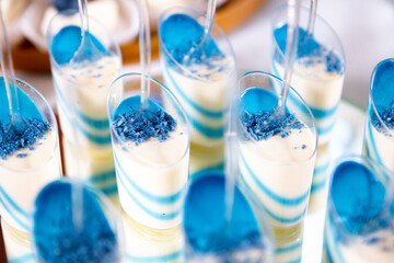 Colorful Layered Dessert Shots With Blue Topping at a Festive Event Table Setting