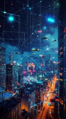Fototapeta premium Futuristic Cityscape with Flying Vehicles and Interconnected Network