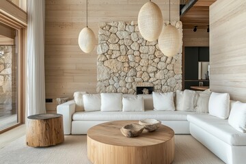 Stylish living area with light wood walls, white sofa, round wooden coffee table, stone feature wall, and pendant lamps