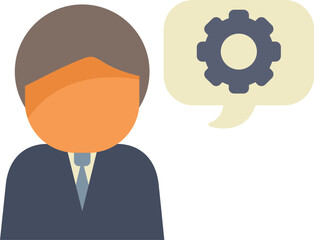 Businessman is thinking about work with a gear icon in a speech bubble above his head