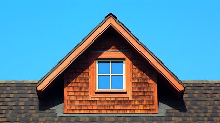 Obraz premium Brown shingle roof featuring a dormer vent, showcasing geometric shapes and weathered asphalt shingles under a clear blue sky for an architectural detail view.