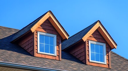 Brown shingle roof featuring a dormer vent, showcasing geometric shapes and weathered asphalt shingles under a clear blue sky for an architectural detail view.